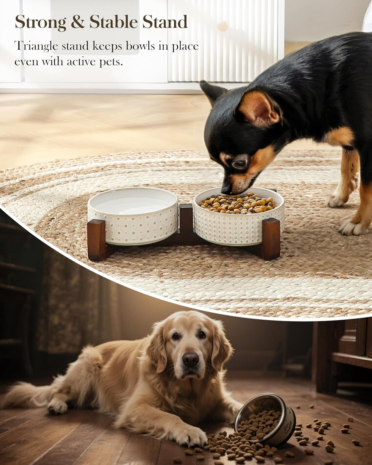 Dog Bowl Set with Walnut Wood Stand, 1.5 Cups Ceramic Pet Bowls for Puppy Dogs, Dual Food and Water Bowls with Weighted Non-Slip Base, Basic Bowls for Your Dog or Cat, Rhombic & Polka Dots