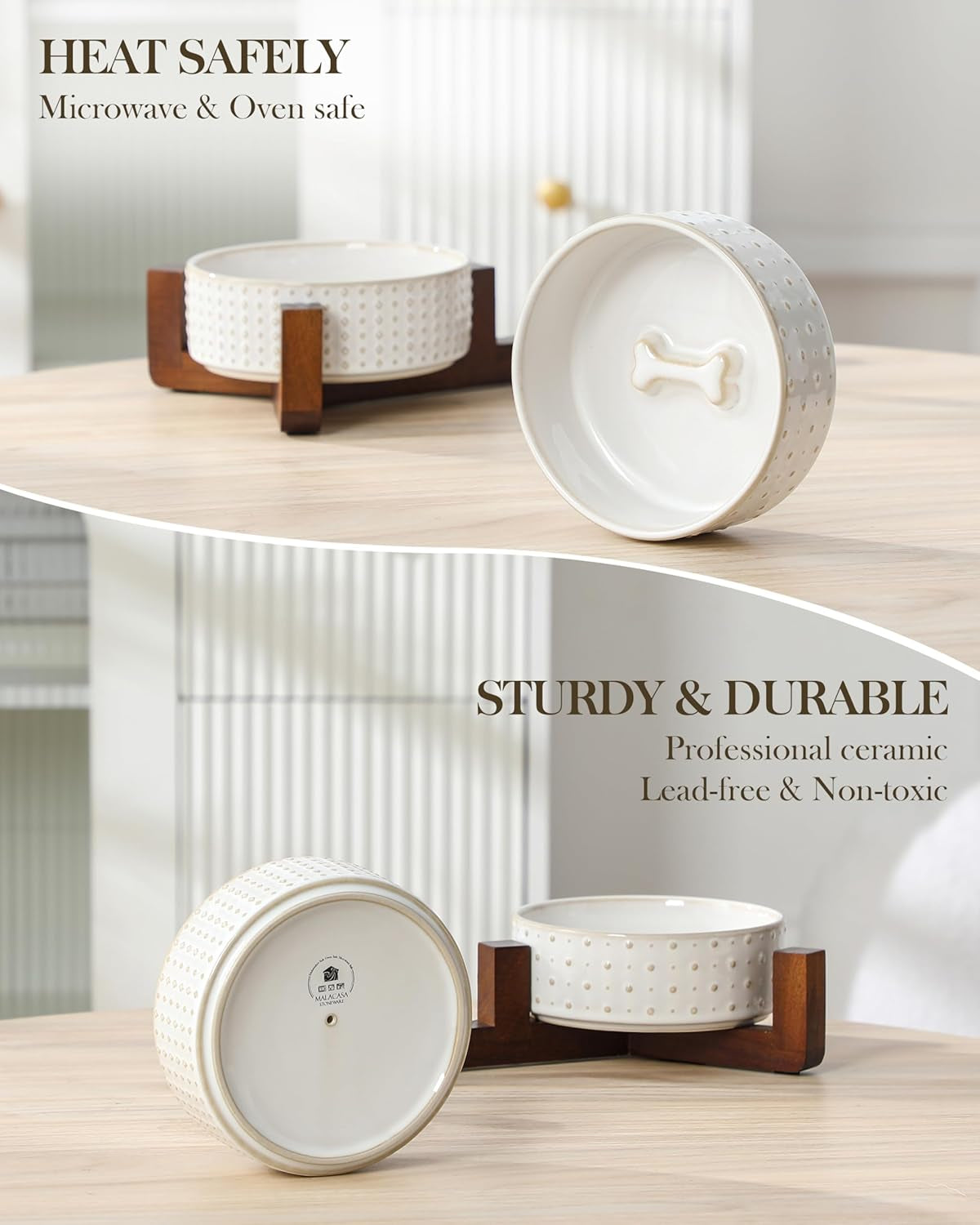 Dog Bowl Set with Walnut Wood Stand, 1.5 Cups Ceramic Pet Bowls for Puppy Dogs, Dual Food and Water Bowls with Weighted Non-Slip Base, Basic Bowls for Your Dog or Cat, Rhombic & Polka Dots