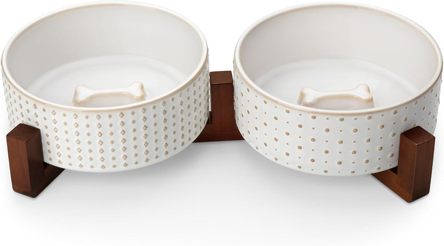Dog Bowl Set with Walnut Wood Stand, 1.5 Cups Ceramic Pet Bowls for Puppy Dogs, Dual Food and Water Bowls with Weighted Non-Slip Base, Basic Bowls for Your Dog or Cat, Rhombic & Polka Dots