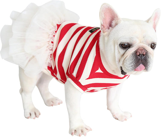 French Bulldog Tutu Dress Red White Stripes Vest Gauze Skirt for Pug Corgi Adorable Doggie Party Tulle Dress Fashion Casual Outfits (L(Back 13.38"-14.17",Chest 22.83"-25.19"))