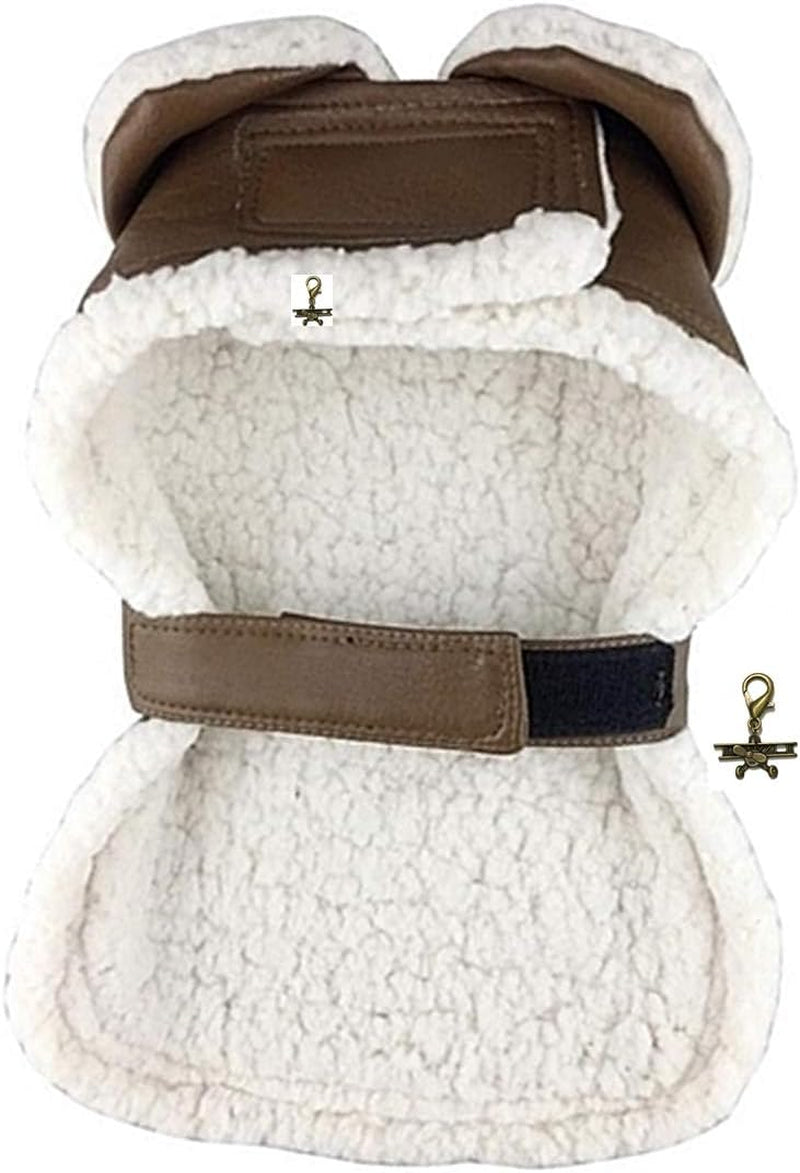 Aviaton Pilot Aviator Bomber Jacket Harness – Includes Airplane Clip Charm Accessory and Matching Leash – Dog Sizes XS Thru 2XL (Small Fits Neck 11”-12”, Chest 12”-15”, Warm Chocolate)