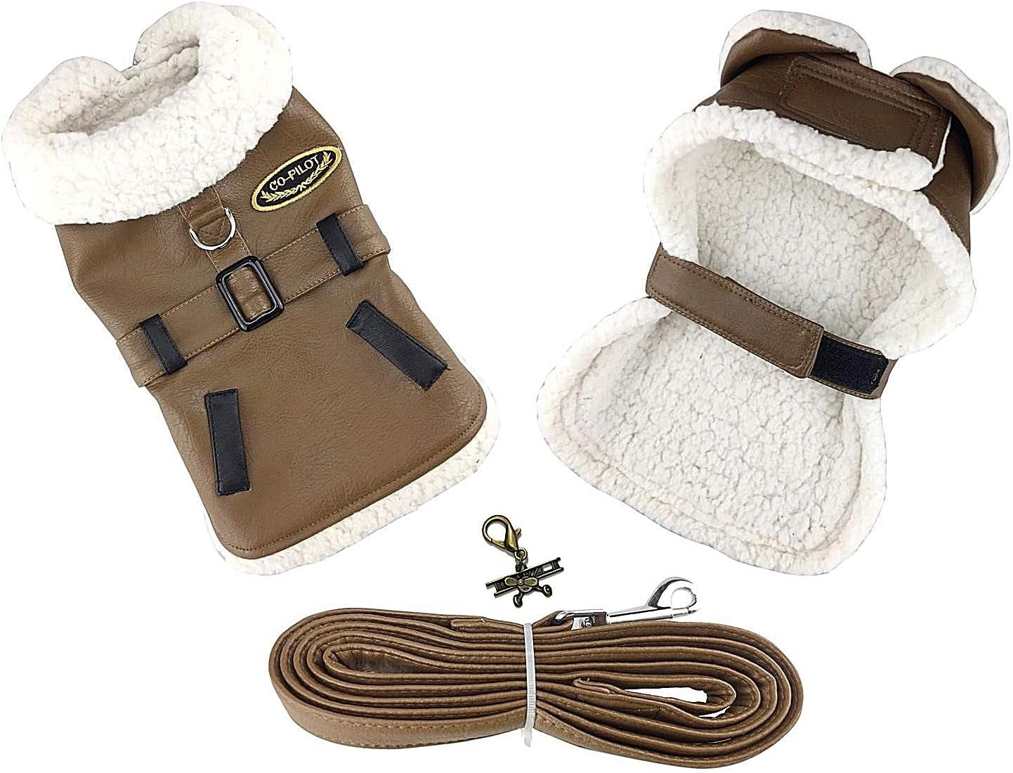 Aviaton Pilot Aviator Bomber Jacket Harness – Includes Airplane Clip Charm Accessory and Matching Leash – Dog Sizes XS Thru 2XL (Small Fits Neck 11”-12”, Chest 12”-15”, Warm Chocolate)