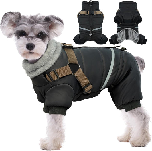 Black Dog Coat with Harness, Dog Winter Jacket, Dogs Onesie Body Warm Jackets, Small Dogs Winter Coats Reflective Windproof Warm Cold Weather Coats, Pet Waterproof Jacket Hiking S