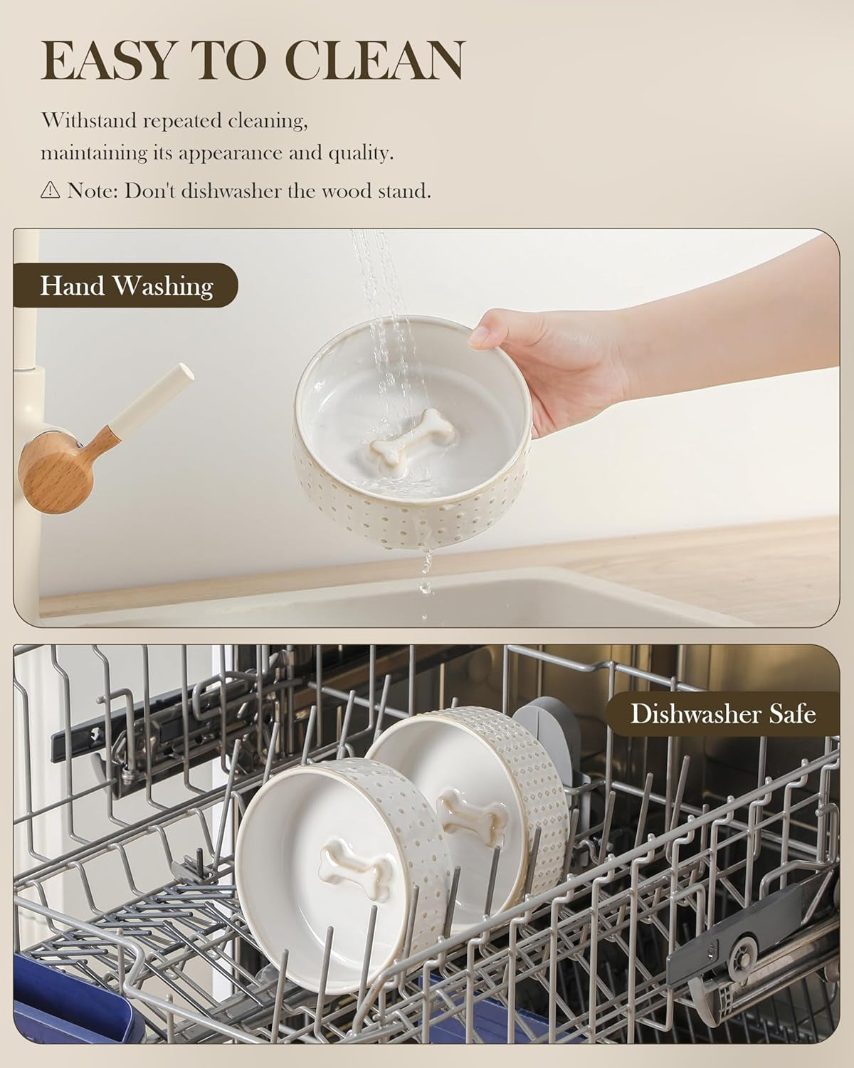 Dog Bowl Set with Walnut Wood Stand, 1.5 Cups Ceramic Pet Bowls for Puppy Dogs, Dual Food and Water Bowls with Weighted Non-Slip Base, Basic Bowls for Your Dog or Cat, Rhombic & Polka Dots