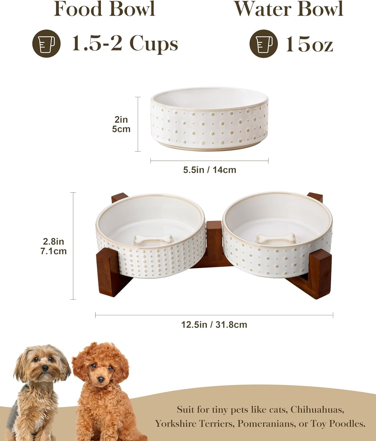 Dog Bowl Set with Walnut Wood Stand, 1.5 Cups Ceramic Pet Bowls for Puppy Dogs, Dual Food and Water Bowls with Weighted Non-Slip Base, Basic Bowls for Your Dog or Cat, Rhombic & Polka Dots