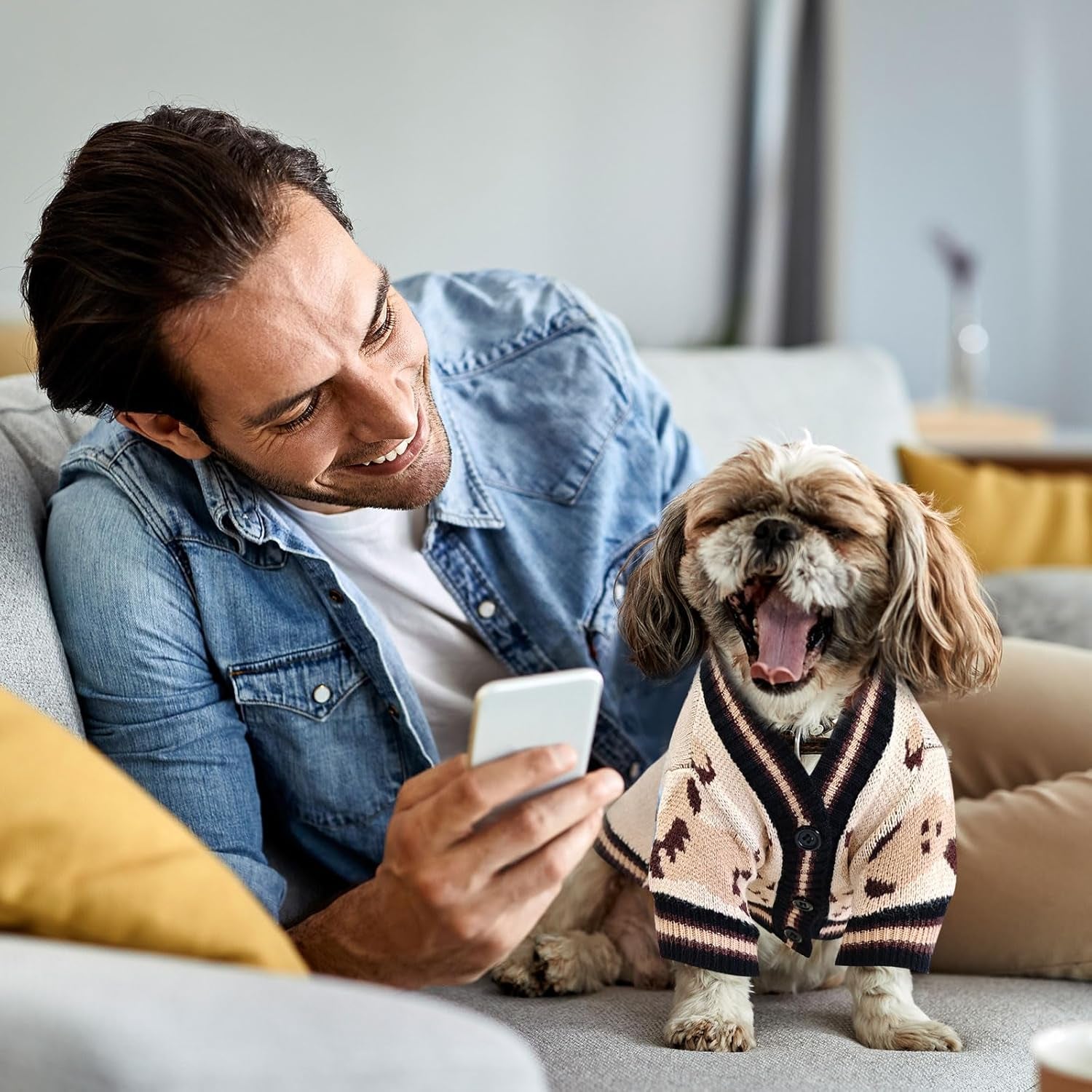 Small Dog Sweaters Cute Bear Dog Cardigans Clothes for Small Medium Dogs Boy Girl Puppy Cat Knitting Cardigan Outfits Dogs Autumn Coats Warm Pet Doggy Clothes Soft Knitwear Apparel (Beige,M)