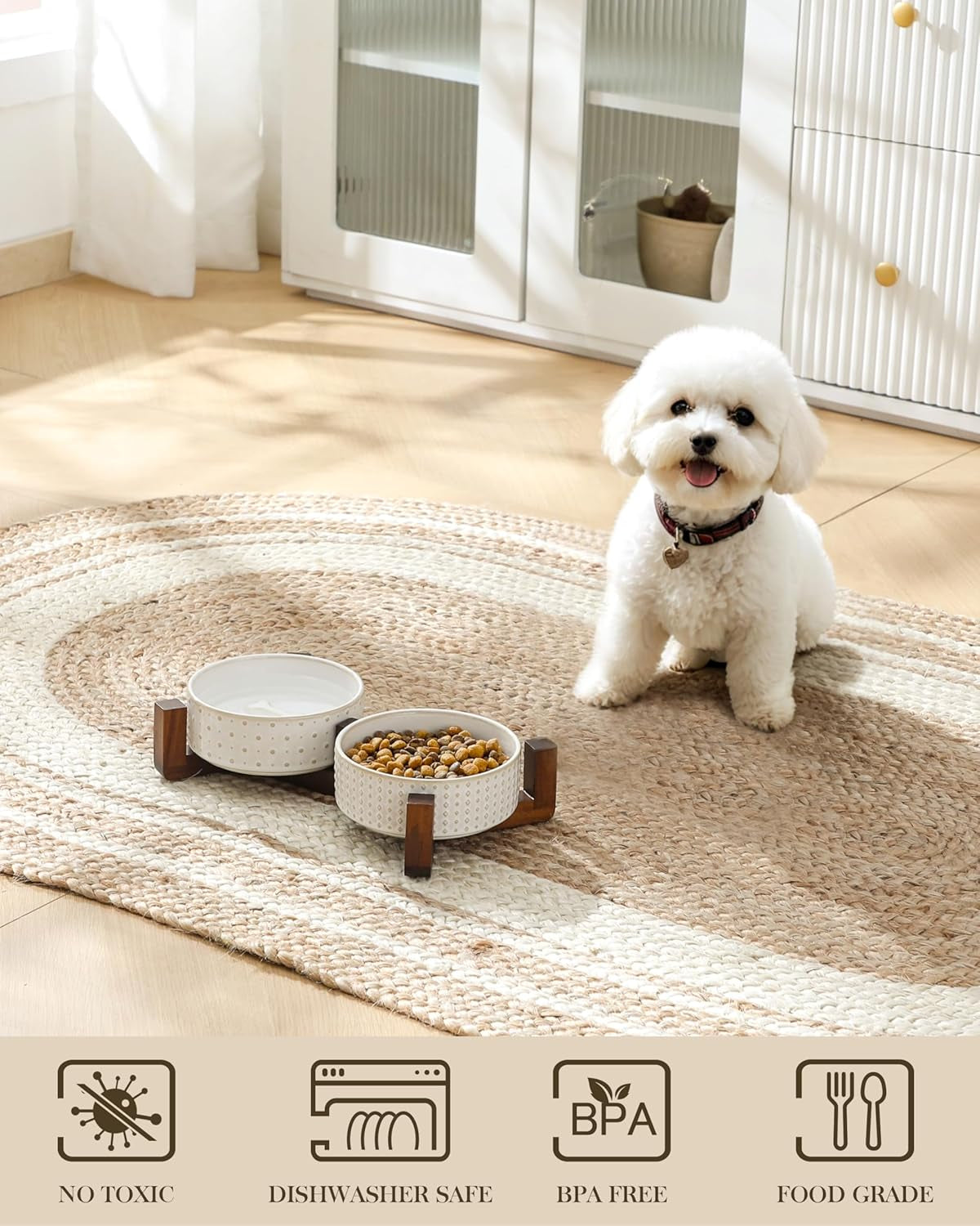 Dog Bowl Set with Walnut Wood Stand, 1.5 Cups Ceramic Pet Bowls for Puppy Dogs, Dual Food and Water Bowls with Weighted Non-Slip Base, Basic Bowls for Your Dog or Cat, Rhombic & Polka Dots