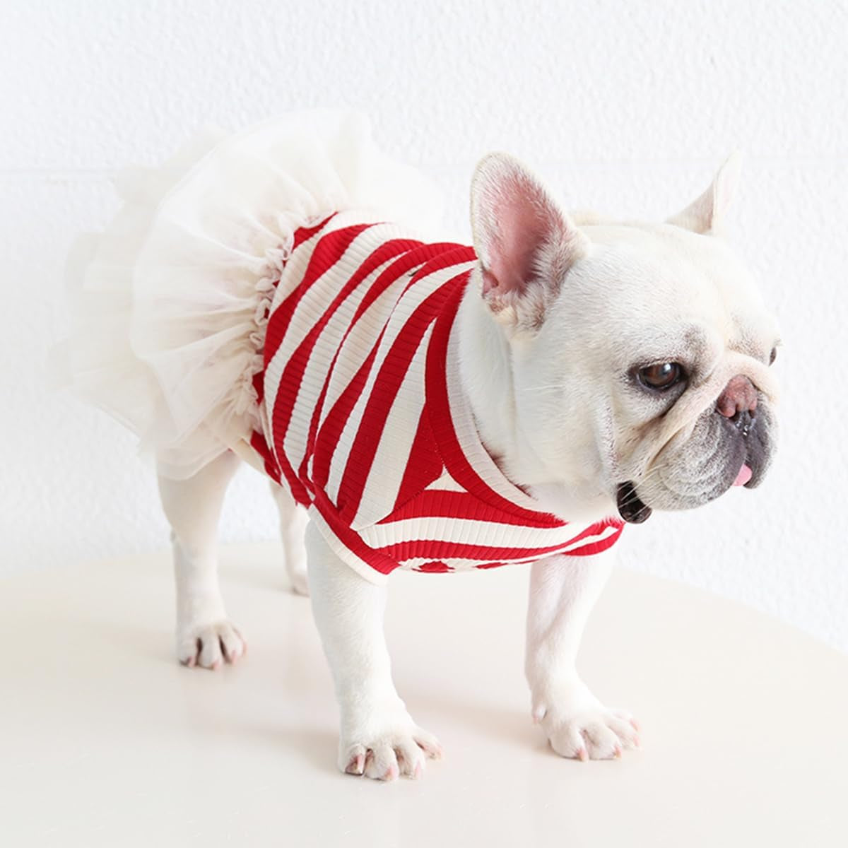 French Bulldog Tutu Dress Red White Stripes Vest Gauze Skirt for Pug Corgi Adorable Doggie Party Tulle Dress Fashion Casual Outfits (L(Back 13.38"-14.17",Chest 22.83"-25.19"))