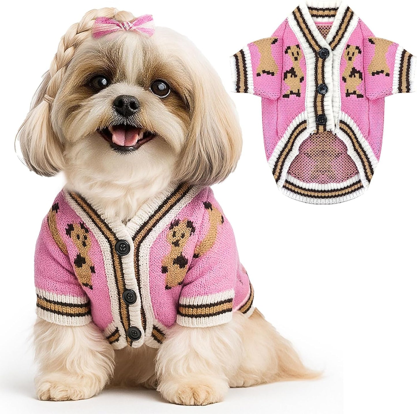 Small Dog Sweaters Cute Bear Dog Cardigans Clothes for Small Medium Dogs Boy Girl Puppy Cat Knitting Cardigan Outfits Dogs Autumn Coats Warm Pet Doggy Clothes Soft Knitwear Apparel (Beige,M)