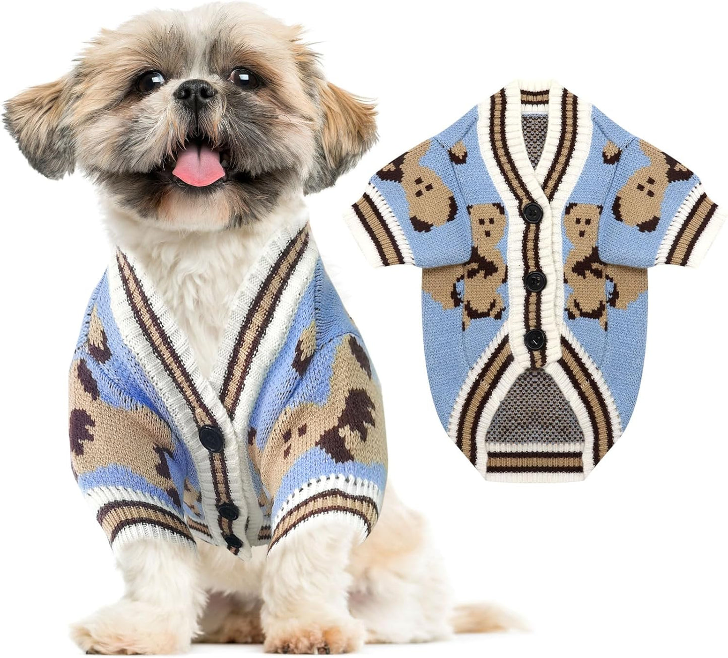 Small Dog Sweaters Cute Bear Dog Cardigans Clothes for Small Medium Dogs Boy Girl Puppy Cat Knitting Cardigan Outfits Dogs Autumn Coats Warm Pet Doggy Clothes Soft Knitwear Apparel (Beige,M)