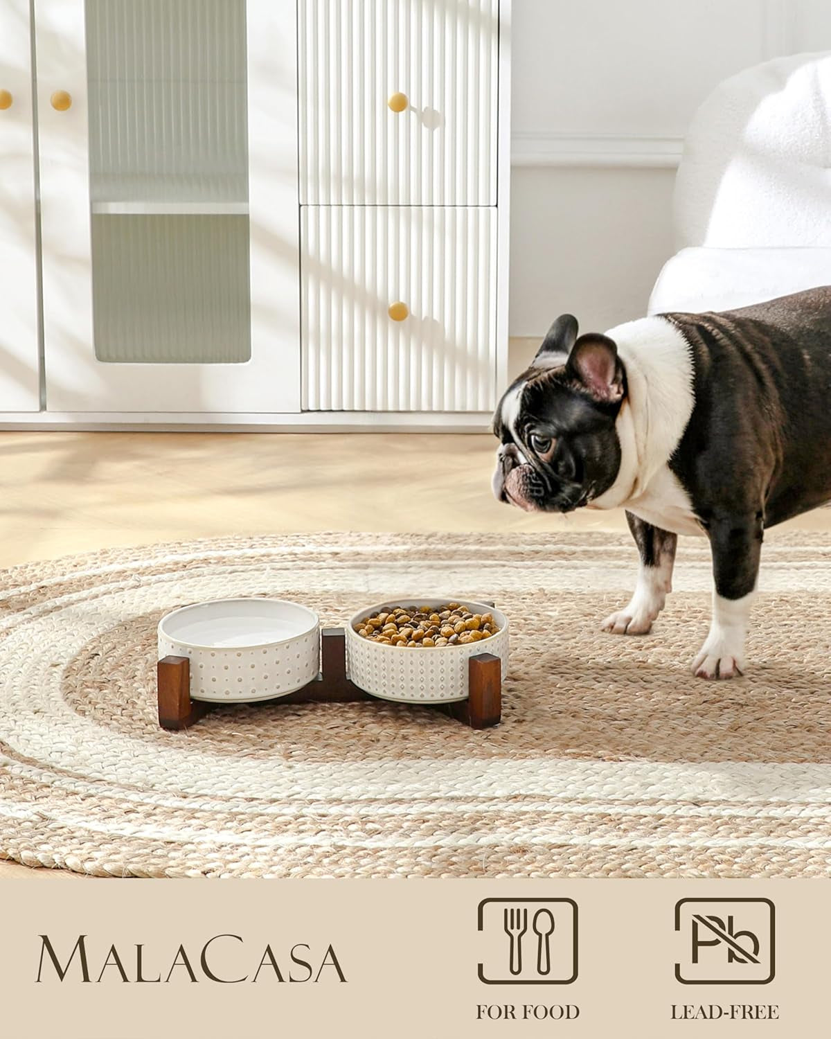 Dog Bowl Set with Walnut Wood Stand, 1.5 Cups Ceramic Pet Bowls for Puppy Dogs, Dual Food and Water Bowls with Weighted Non-Slip Base, Basic Bowls for Your Dog or Cat, Rhombic & Polka Dots