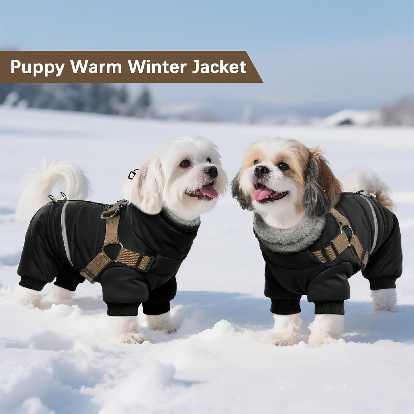 Black Dog Coat with Harness, Dog Winter Jacket, Dogs Onesie Body Warm Jackets, Small Dogs Winter Coats Reflective Windproof Warm Cold Weather Coats, Pet Waterproof Jacket Hiking S