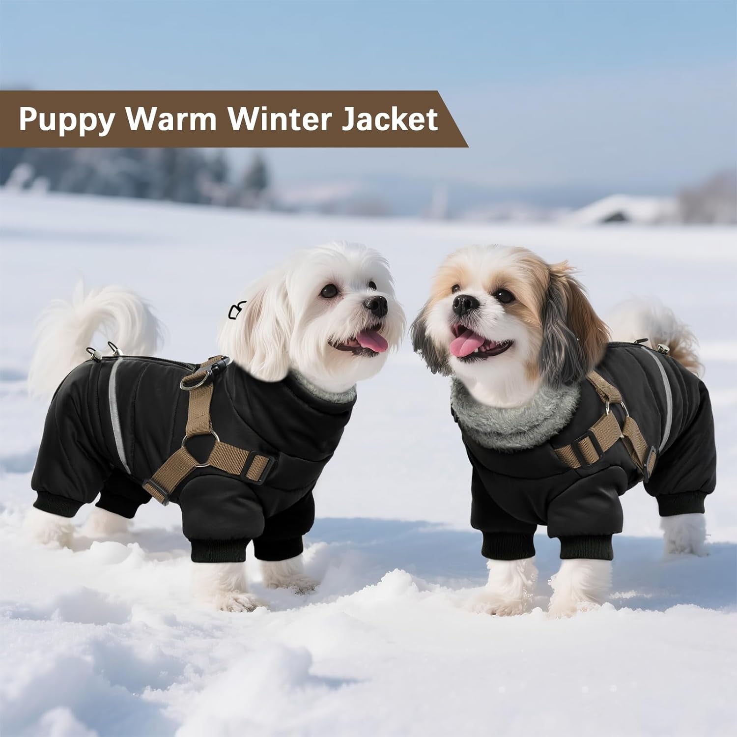 Black Dog Coat with Harness, Dog Winter Jacket, Dogs Onesie Body Warm Jackets, Small Dogs Winter Coats Reflective Windproof Warm Cold Weather Coats, Pet Waterproof Jacket Hiking S