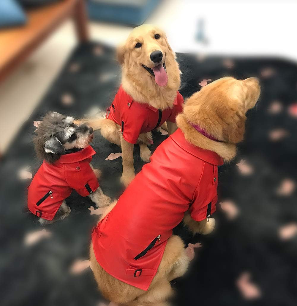 Cool Dog Leather Jacket, Warm Coats Dogs Windproof Cold Weather Coats for Large Medium Small Dogs, Miniature Schnauzers Clothing Red L
