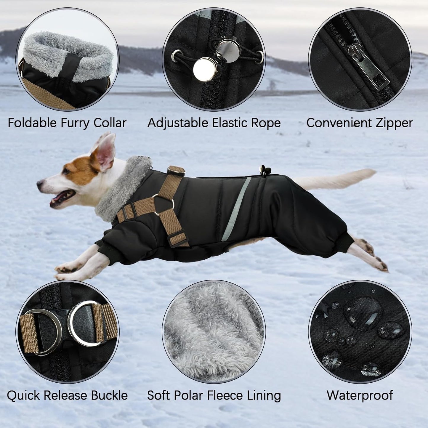 Black Dog Coat with Harness, Dog Winter Jacket, Dogs Onesie Body Warm Jackets, Small Dogs Winter Coats Reflective Windproof Warm Cold Weather Coats, Pet Waterproof Jacket Hiking S