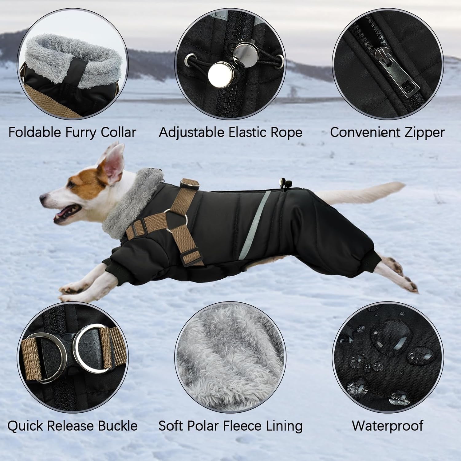 Black Dog Coat with Harness, Dog Winter Jacket, Dogs Onesie Body Warm Jackets, Small Dogs Winter Coats Reflective Windproof Warm Cold Weather Coats, Pet Waterproof Jacket Hiking S