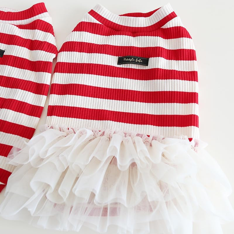 French Bulldog Tutu Dress Red White Stripes Vest Gauze Skirt for Pug Corgi Adorable Doggie Party Tulle Dress Fashion Casual Outfits (L(Back 13.38"-14.17",Chest 22.83"-25.19"))