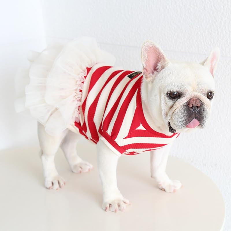 French Bulldog Tutu Dress Red White Stripes Vest Gauze Skirt for Pug Corgi Adorable Doggie Party Tulle Dress Fashion Casual Outfits (L(Back 13.38"-14.17",Chest 22.83"-25.19"))