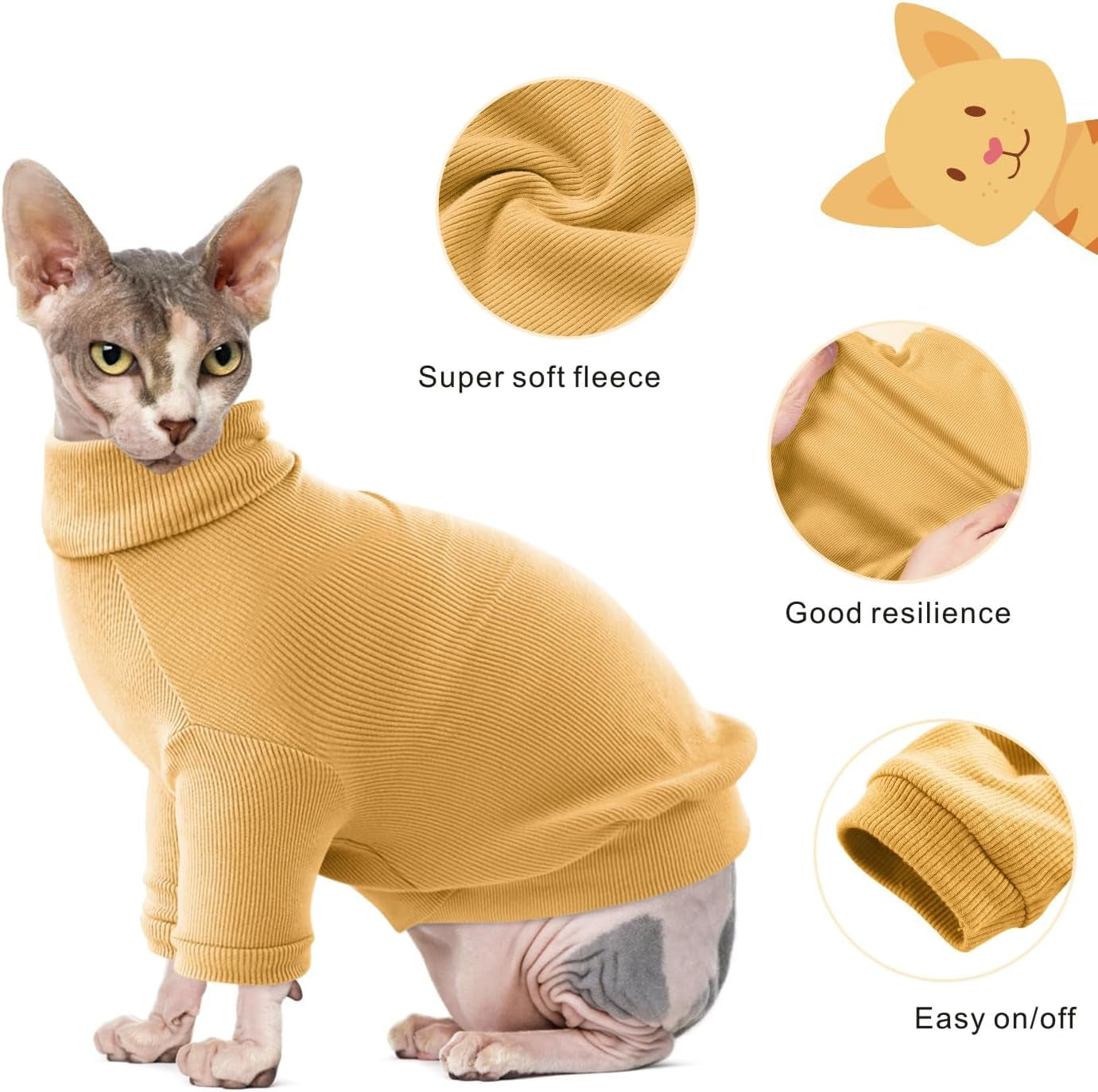 Sphynx Cat Shirt,Hairless Cats Cotton Clothes Turtleneck Sweater Breathable Pullover Kitten Apparel Adorable Vest Pajamas Jumpsuit for Cat and Small Dogs (Large, Yellow)
