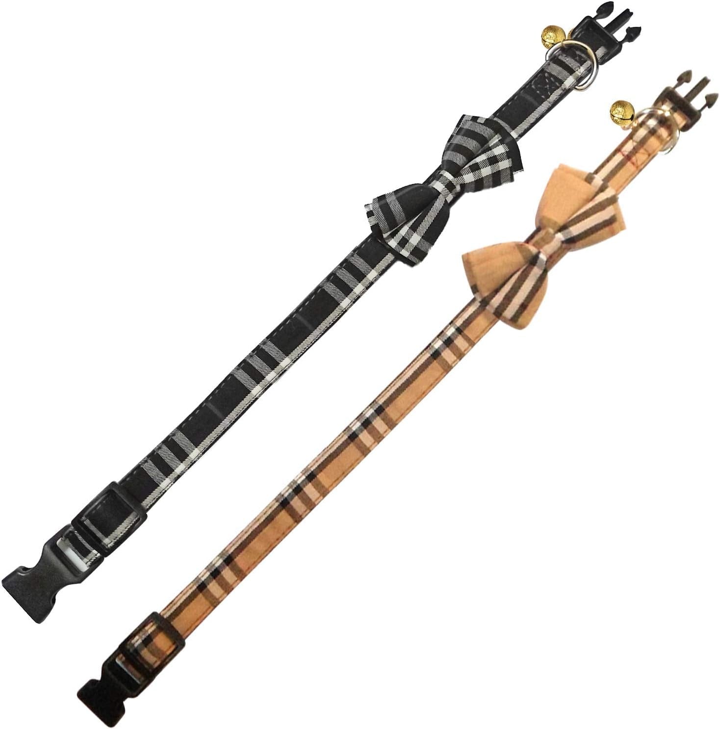 2 Pack/Set Dog Collars with Bow Tie and Bells, Adjustable Cute Dog Bow Ties Collar for Small/Medium/Large Boys and Girls Pets (Black+Brown, S(9.6''-13.8''))