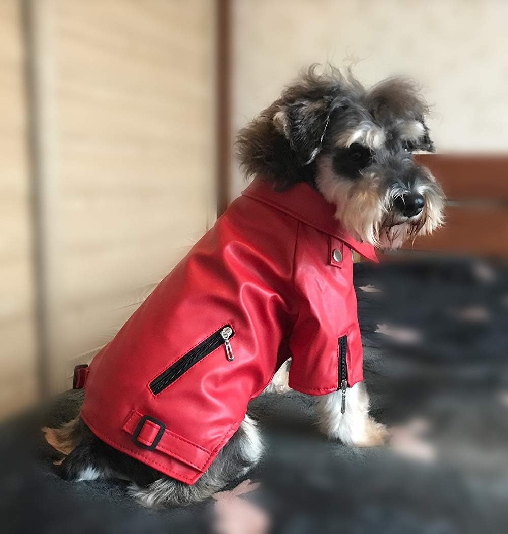 Cool Dog Leather Jacket, Warm Coats Dogs Windproof Cold Weather Coats for Large Medium Small Dogs, Miniature Schnauzers Clothing Red L