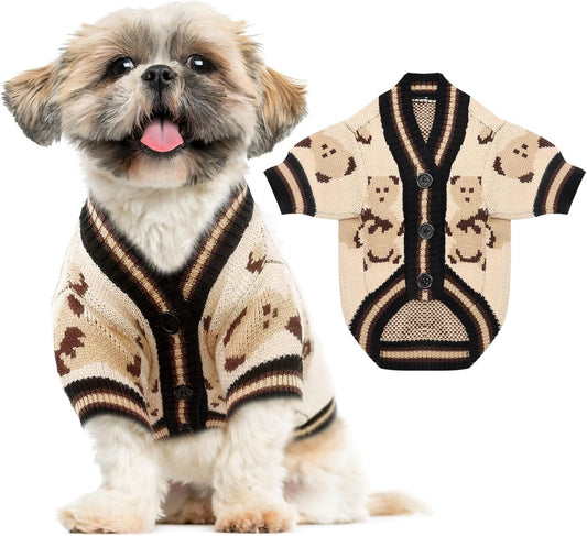 Small Dog Sweaters Cute Bear Dog Cardigans Clothes for Small Medium Dogs Boy Girl Puppy Cat Knitting Cardigan Outfits Dogs Autumn Coats Warm Pet Doggy Clothes Soft Knitwear Apparel (Beige,M)