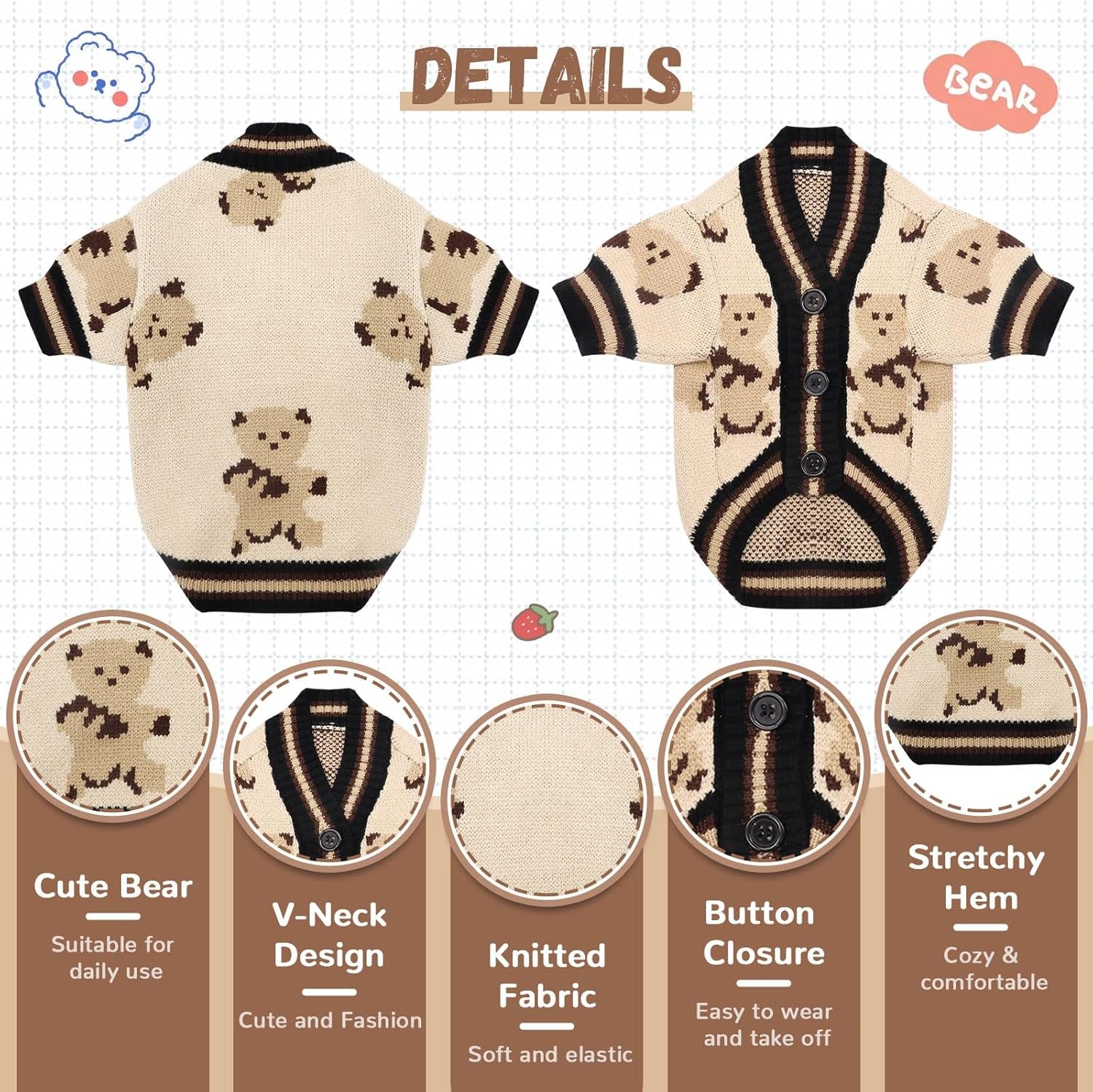 Small Dog Sweaters Cute Bear Dog Cardigans Clothes for Small Medium Dogs Boy Girl Puppy Cat Knitting Cardigan Outfits Dogs Autumn Coats Warm Pet Doggy Clothes Soft Knitwear Apparel (Beige,M)