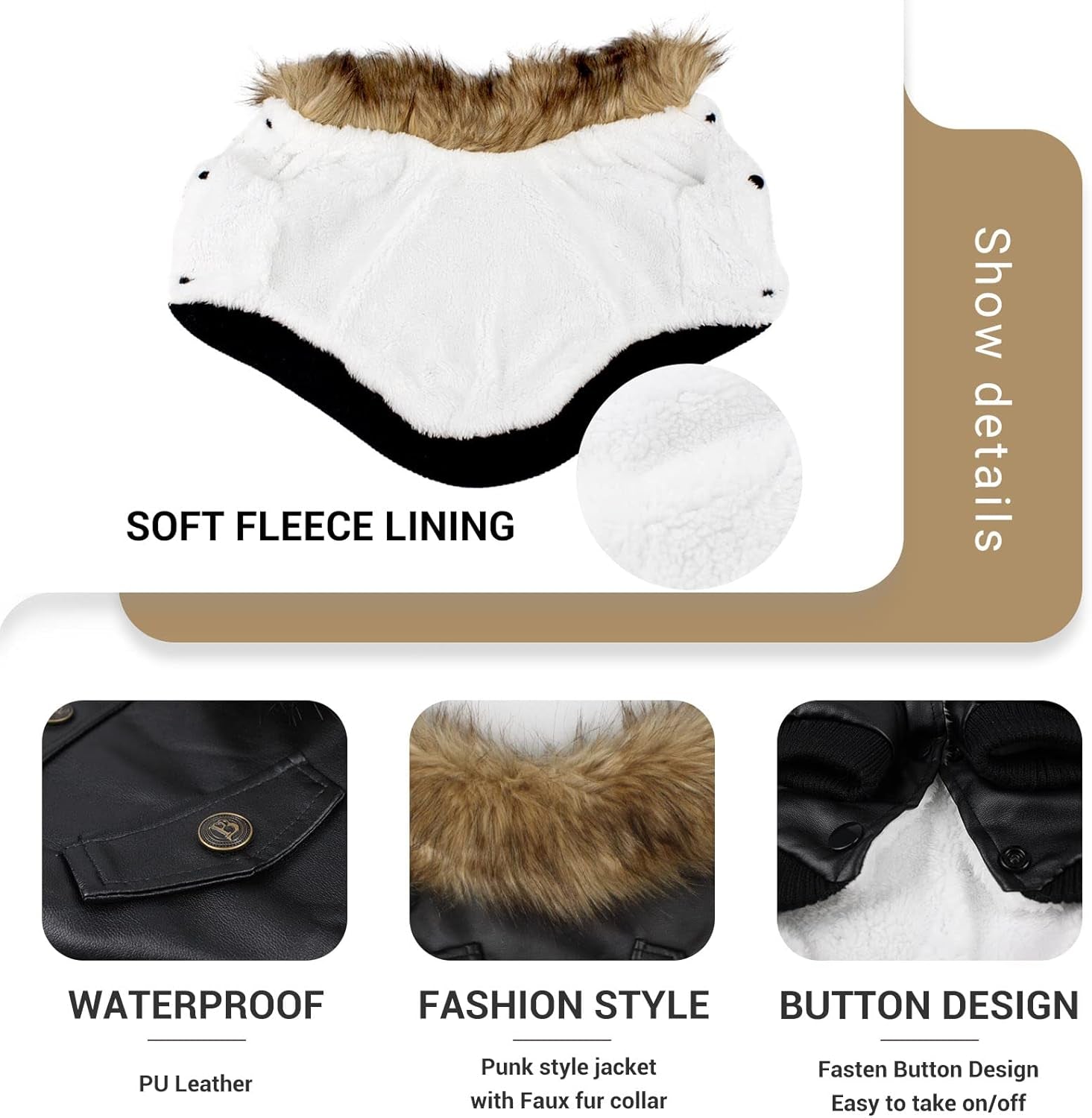 Dog Leather Jacket, Small Dog Jacket, Double Layer, Fleece Lined, Black, Large