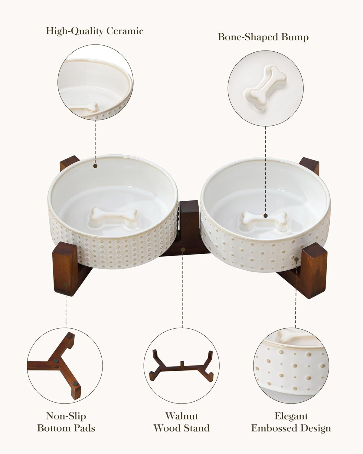 Dog Bowl Set with Walnut Wood Stand, 1.5 Cups Ceramic Pet Bowls for Puppy Dogs, Dual Food and Water Bowls with Weighted Non-Slip Base, Basic Bowls for Your Dog or Cat, Rhombic & Polka Dots