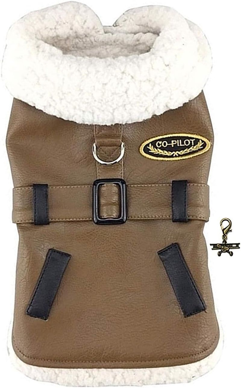 Aviaton Pilot Aviator Bomber Jacket Harness – Includes Airplane Clip Charm Accessory and Matching Leash – Dog Sizes XS Thru 2XL (Small Fits Neck 11”-12”, Chest 12”-15”, Warm Chocolate)