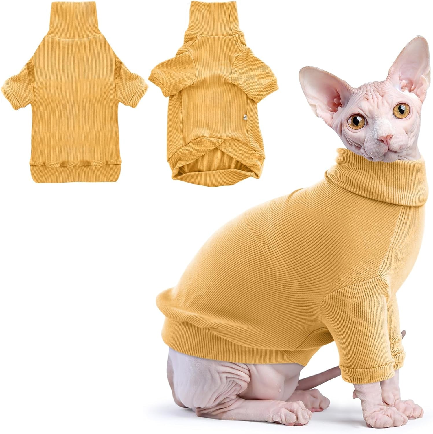 Sphynx Cat Shirt,Hairless Cats Cotton Clothes Turtleneck Sweater Breathable Pullover Kitten Apparel Adorable Vest Pajamas Jumpsuit for Cat and Small Dogs (Large, Yellow)