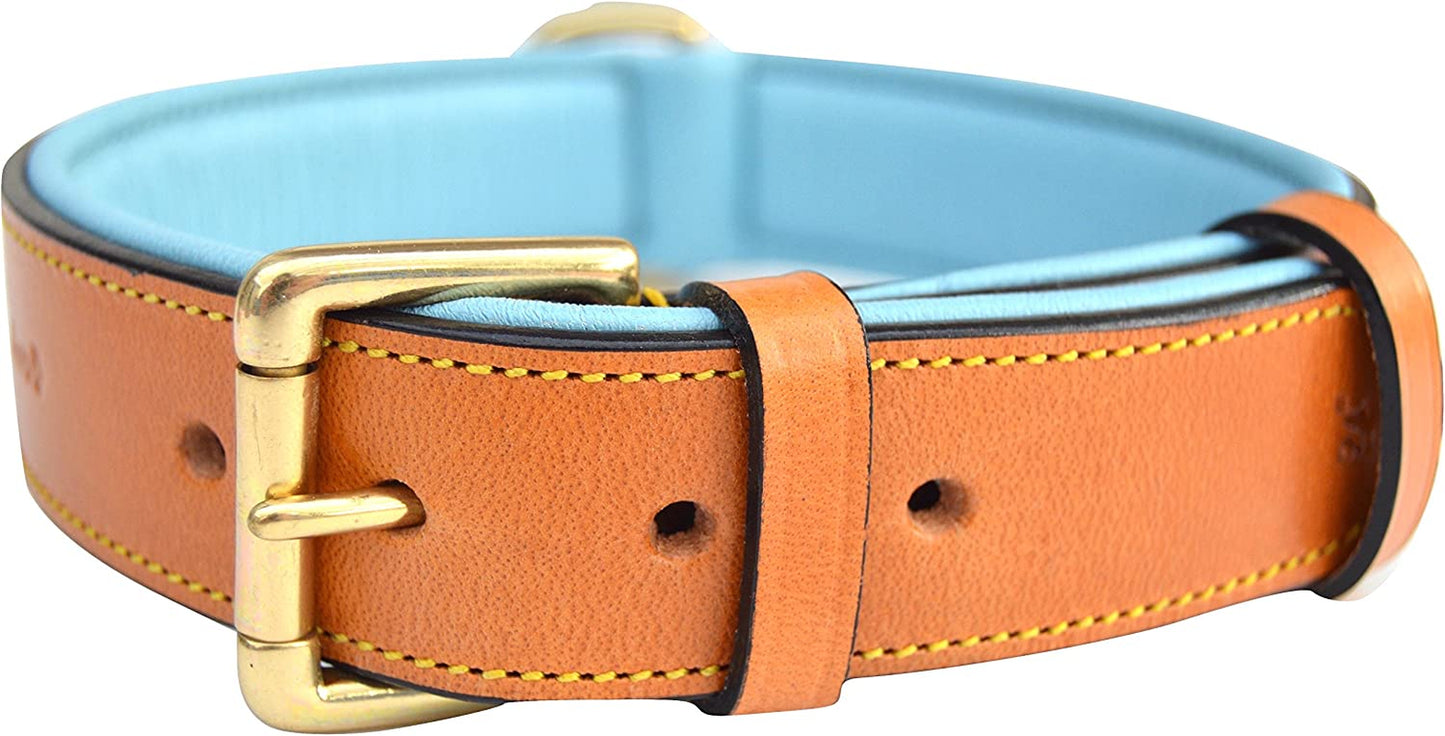 Padded Leather Dog Collar, Large Brown, Real Genuine Leather, 24" Long X 1.5 Wide, Fits Neck Size 18" to 21" Inches