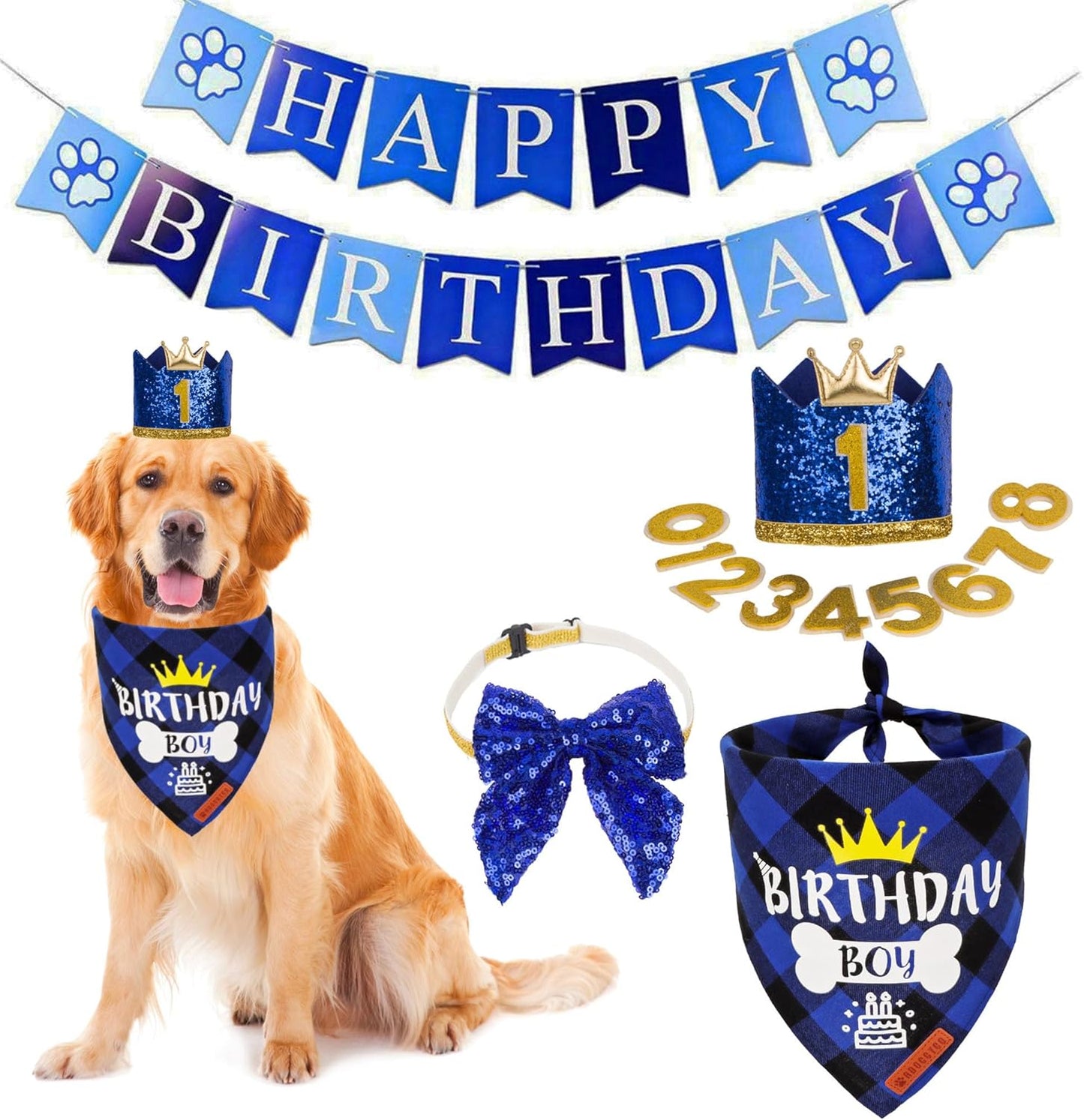 Dog Birthday Bandana Scarf and Blue Boy Pet Birthday Party Hat with Cute Bow Tie for Medium Large Dog Pet (Large)