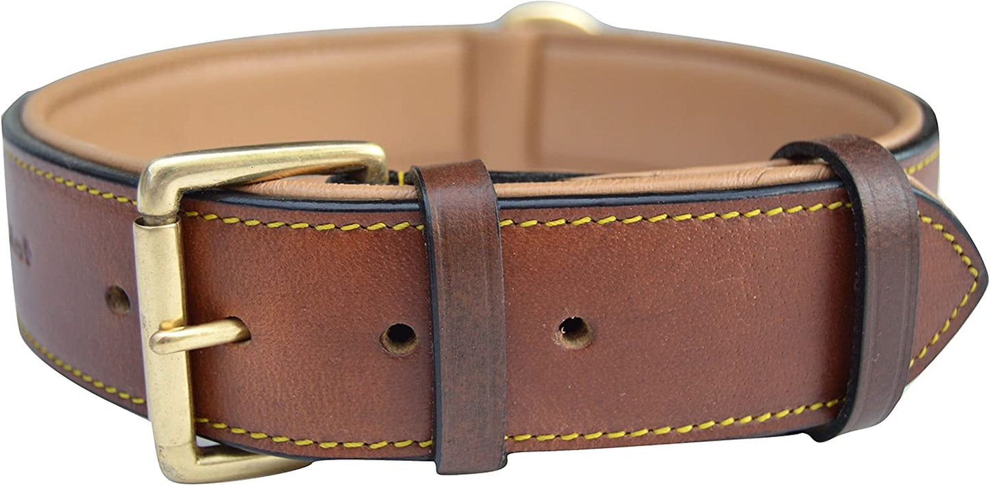 Padded Leather Dog Collar, Large Brown, Real Genuine Leather, 24" Long X 1.5 Wide, Fits Neck Size 18" to 21" Inches