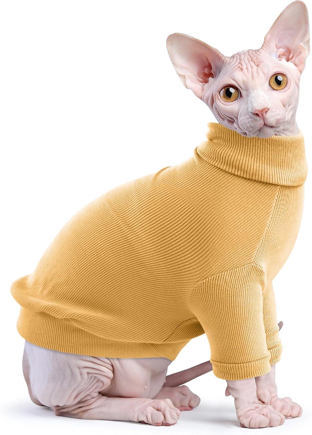 Sphynx Cat Shirt,Hairless Cats Cotton Clothes Turtleneck Sweater Breathable Pullover Kitten Apparel Adorable Vest Pajamas Jumpsuit for Cat and Small Dogs (Large, Yellow)