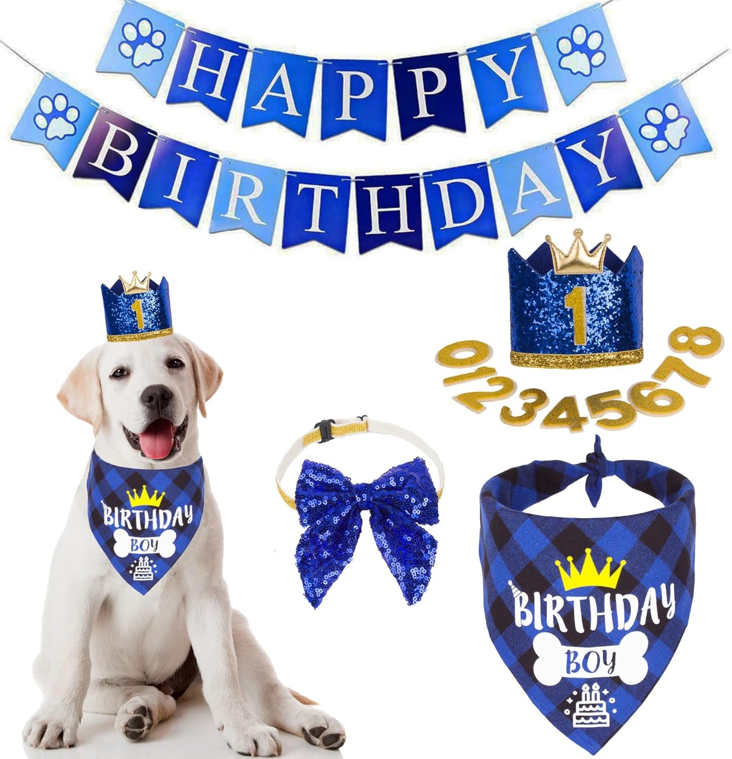 Dog Birthday Bandana Scarf and Blue Boy Pet Birthday Party Hat with Cute Bow Tie for Medium Large Dog Pet (Large)