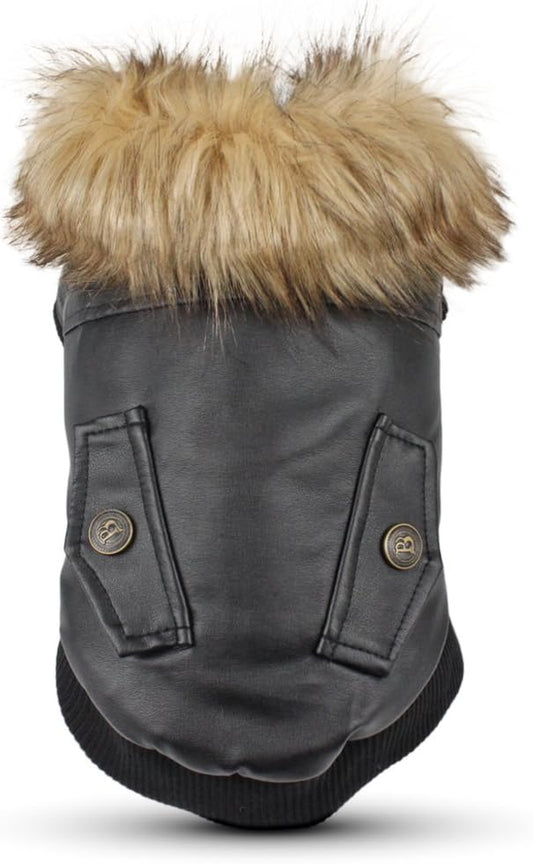 Dog Leather Jacket, Small Dog Jacket, Double Layer, Fleece Lined, Black, Large