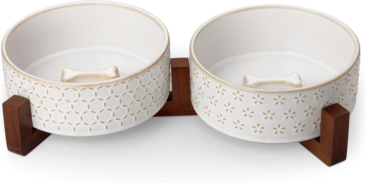 Dog Bowl Set with Walnut Wood Stand, 1.5 Cups Ceramic Pet Bowls for Puppy Dogs, Dual Food and Water Bowls with Weighted Non-Slip Base, Basic Bowls for Your Dog or Cat, Rhombic & Polka Dots