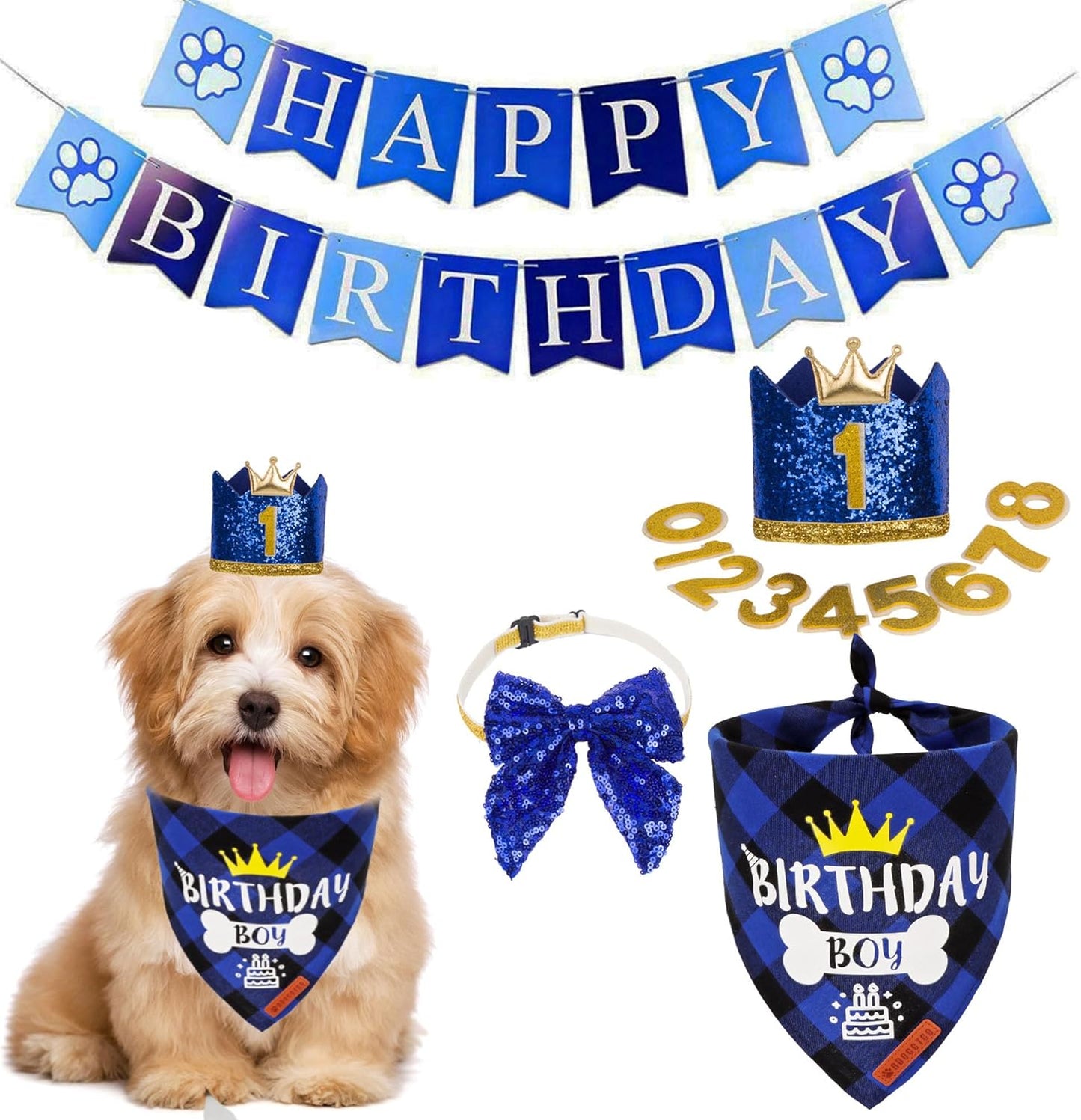Dog Birthday Bandana Scarf and Blue Boy Pet Birthday Party Hat with Cute Bow Tie for Medium Large Dog Pet (Large)