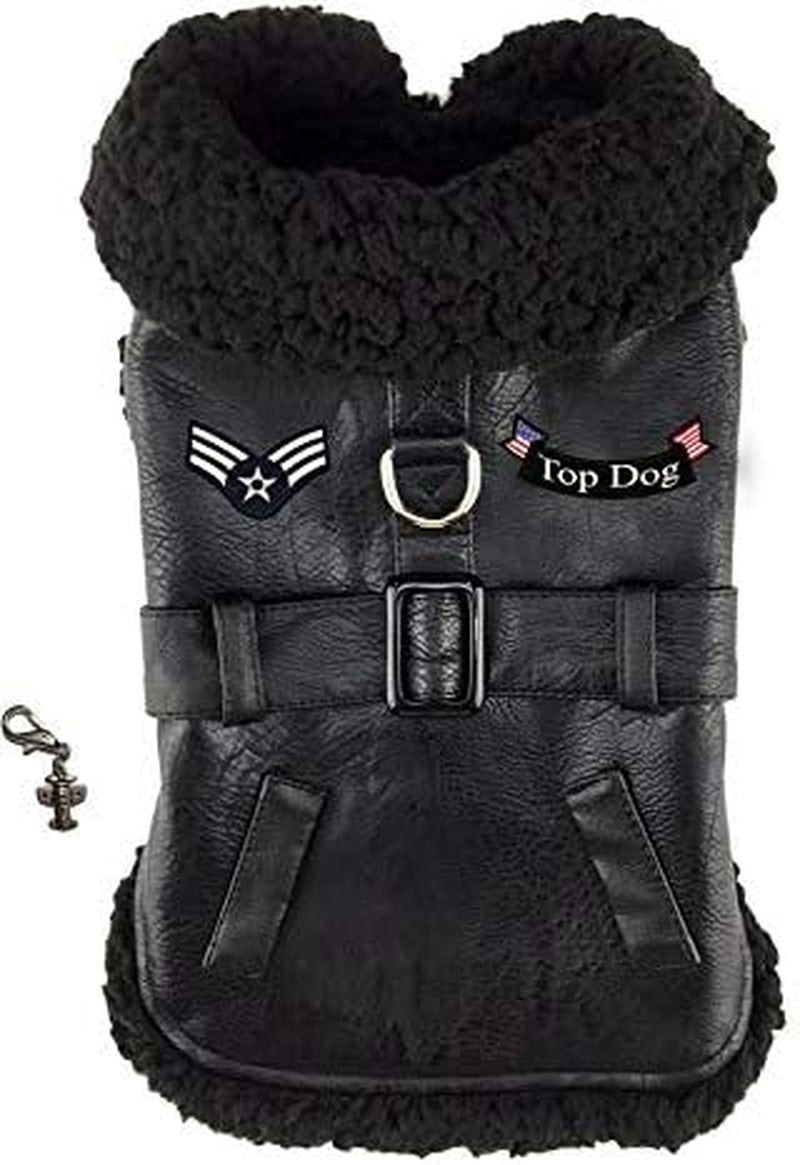 Aviaton Pilot Aviator Bomber Jacket Harness – Includes Airplane Clip Charm Accessory and Matching Leash – Dog Sizes XS Thru 2XL (Small Fits Neck 11”-12”, Chest 12”-15”, Warm Chocolate)