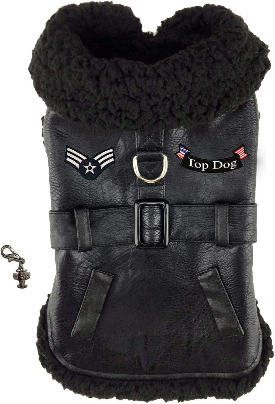 Aviaton Pilot Aviator Bomber Jacket Harness – Includes Airplane Clip Charm Accessory and Matching Leash – Dog Sizes XS Thru 2XL (Small Fits Neck 11”-12”, Chest 12”-15”, Warm Chocolate)