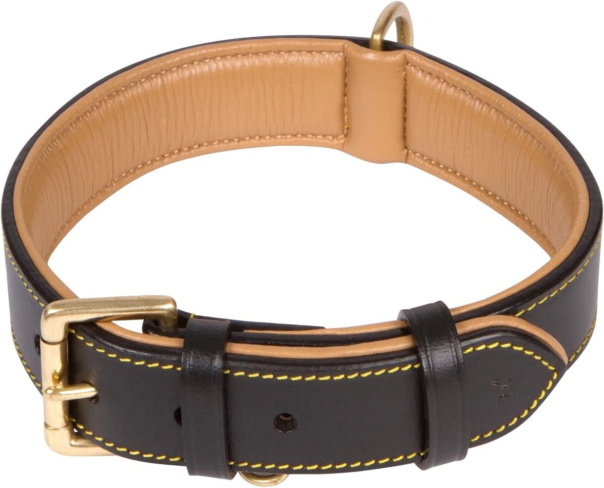 Padded Leather Dog Collar, Large Brown, Real Genuine Leather, 24" Long X 1.5 Wide, Fits Neck Size 18" to 21" Inches