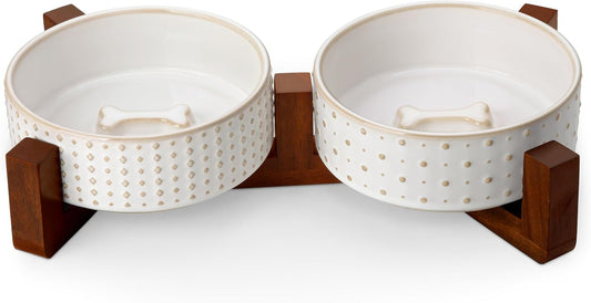 Dog Bowl Set with Walnut Wood Stand, 1.5 Cups Ceramic Pet Bowls for Puppy Dogs, Dual Food and Water Bowls with Weighted Non-Slip Base, Basic Bowls for Your Dog or Cat, Rhombic & Polka Dots