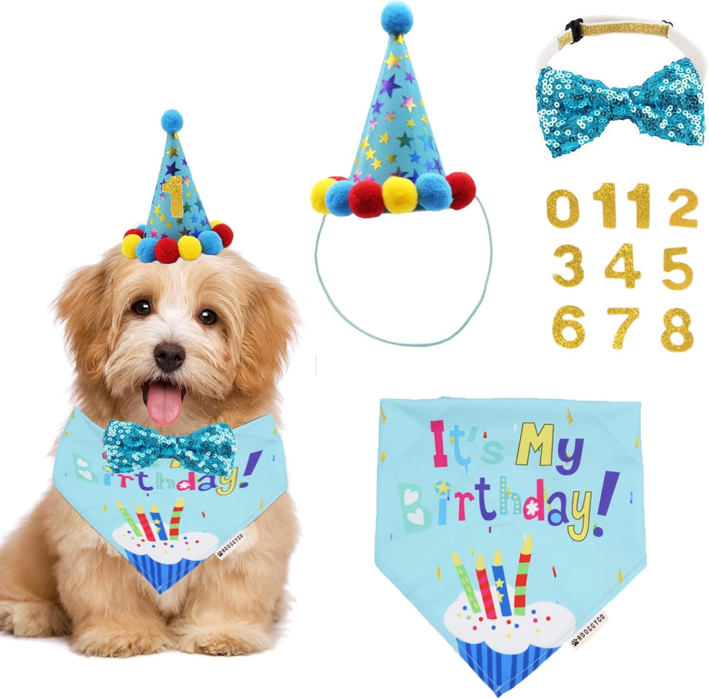 Dog Birthday Bandana Scarf and Blue Boy Pet Birthday Party Hat with Cute Bow Tie for Medium Large Dog Pet (Large)